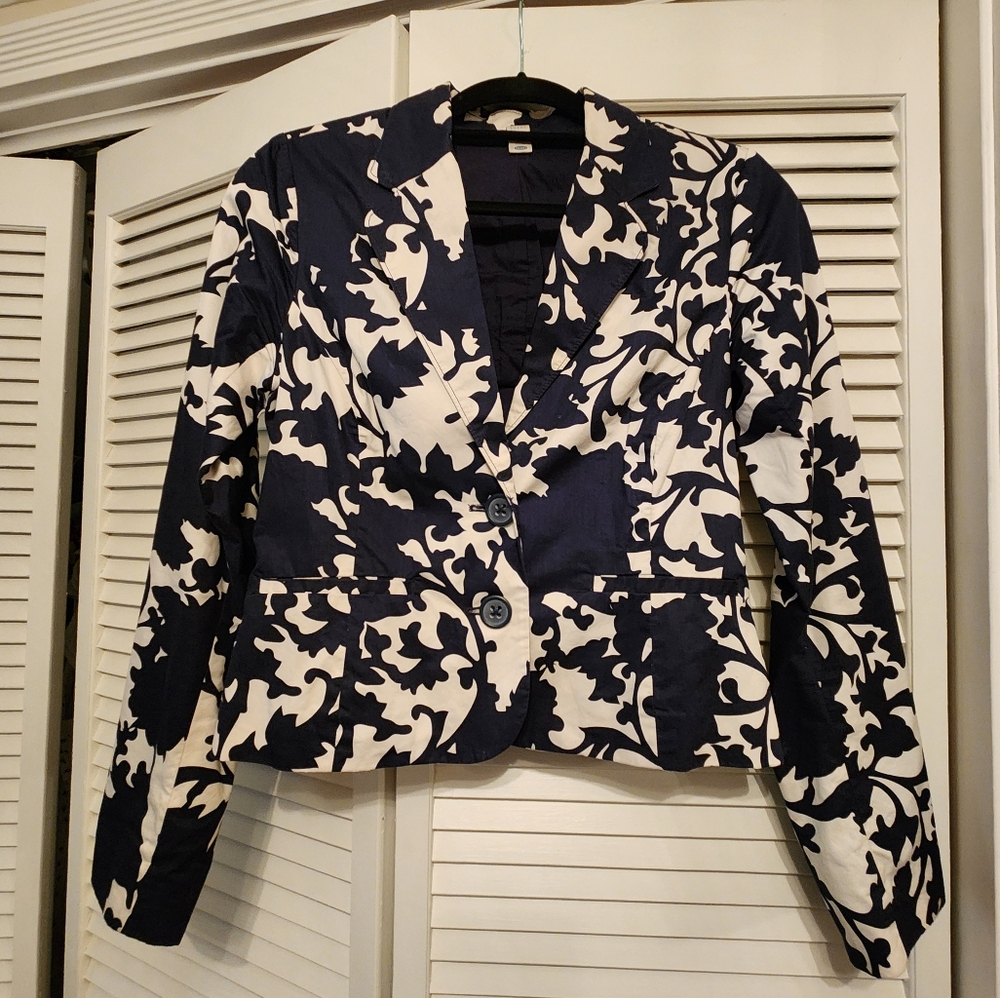 Old Navy Cotton Floral Two Button Lined Blazer Navy Blue White Small